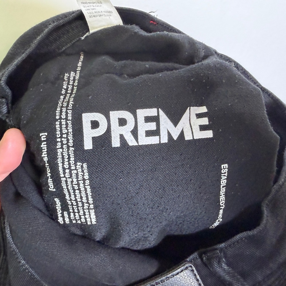 PREME Mens Moto Distressed Black Denim Jeans Slim Fit Ribbed Panel 32x32 - Picture 5 of 12